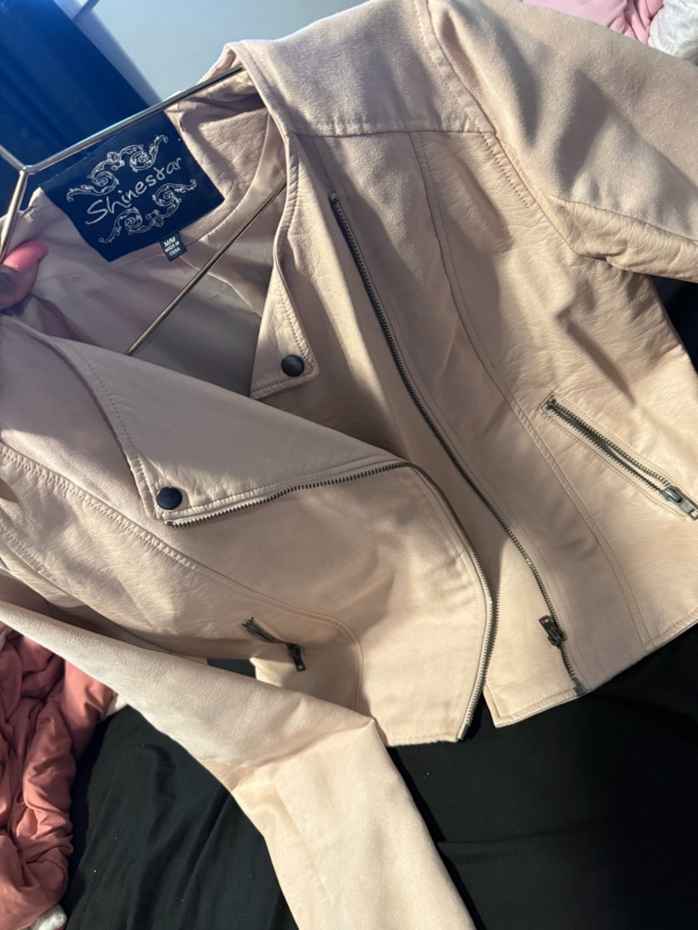 Shinestar Light Cream Faux Leather Moto Jacket